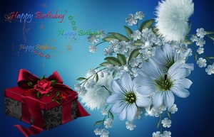 Открытка Happy Birthday, цветы, подарок