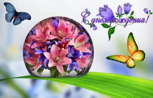 Открытка с поздравлением, бабочки, цветы
