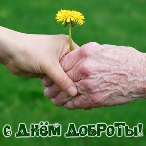 Две руки с одуванчиком на зеленом фоне