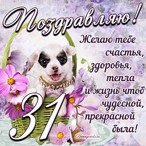 Картинка с собакой в корзинке и пожеланием на 31 год