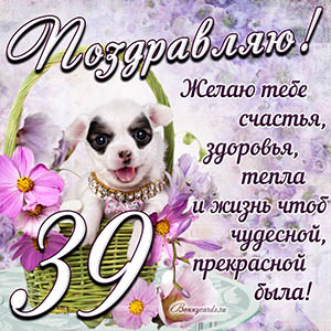 Картинка с собакой в корзинке и пожеланием на 39 лет