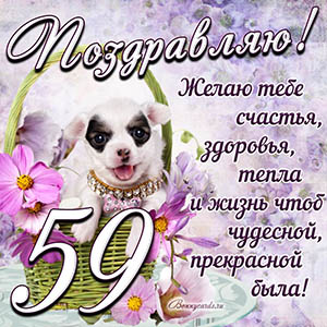 Картинка с собакой в корзинке и пожеланием на 59 лет