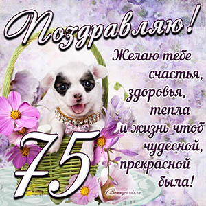 Картинка с собакой в корзинке и пожеланием на 75 лет