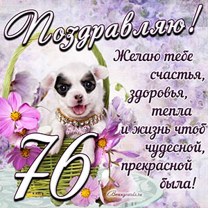 Картинка с собакой в корзинке и пожеланием на 76 лет