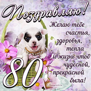 Картинка с собакой в корзинке и пожеланием на 80 лет