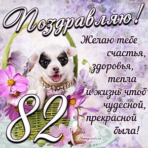Картинка с собакой в корзинке и пожеланием на 82 года
