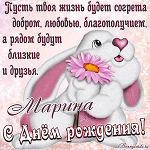 Открытка на День рождения Марине с зайцем и цветком