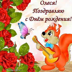 Поздравление для Олеси с лисичкой, бабочкой и розами