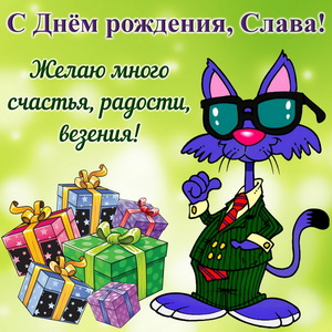 Открытка Славе на День рождения с подарками и смешным котом