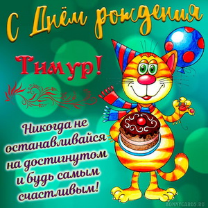 Забавная картинка Тимуру на День рождения с весёлым котом