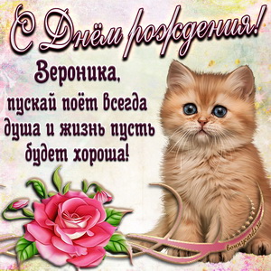 Картинка с милым котёнком и розой Веронике на День рождения