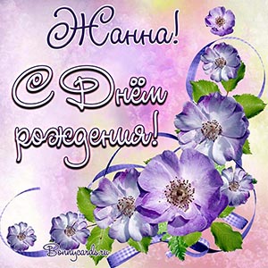 Открытка с фиолетовыми цветами Жанне на День рождения