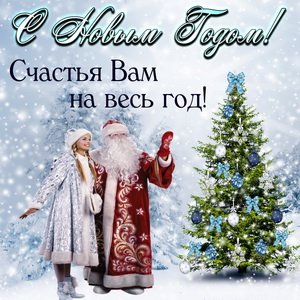 Дед Мороз и Снегурочка в заснеженном лесу