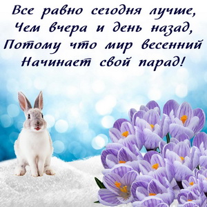 Зайчик на снегу и весенние цветы