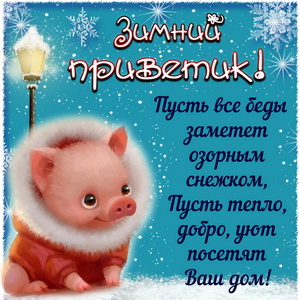 Картинка с зимним приветиком от свинки